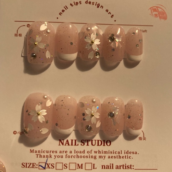 10Pcs XS Short Pink Floral Wearable Full Cover Press On French Nails Decoration - Picture 2 of 6